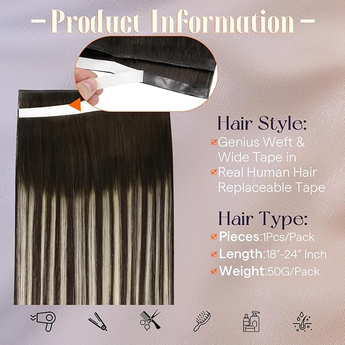 Full Shine Dark Brown Hair Extensions Tape in Weft Hair Extensions Human Hair Color Balayage 2/60/2 Invisible Double Weft Extensions Tape ins 20Inch Real Human Hair Cuticles Aligned 50G One Piece