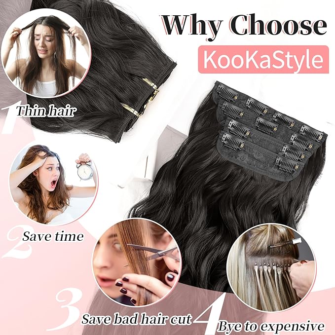 KooKaStyle Clip in Long Wavy Synthetic Hair Extension 20 Inch 4PCS Dark Brown Hairpieces Fiber Thick Double Weft Hair Extension for Women