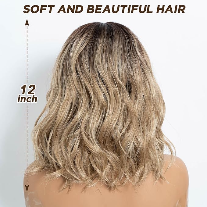 NOBLE Bob Wig with Bangs Short Wavy Wig for Women Ombre Mix Blonde Shoulder Length Wig Heat Resistant Synthetic Wigs for Daily Party Use 12 Inches