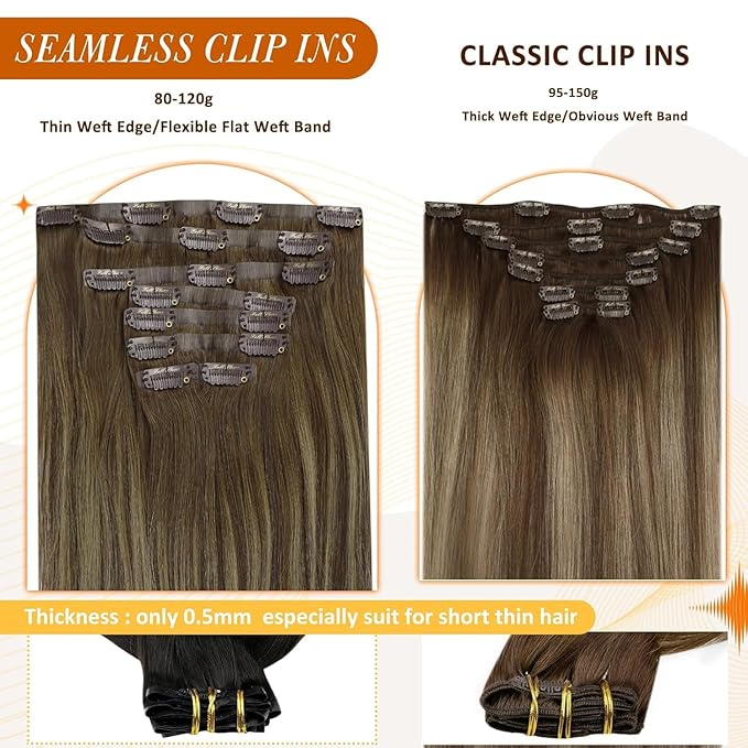 Full Shine Clip in Human Hair Extension Brown to Honey Blonde Mix Brown Seamless Hair Extensions Straight Remy Hair With PU Weft 8 Pcs 120 Grams 22 Inch