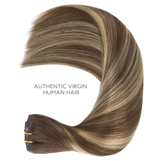 WENNALIFE Seamless Clip In Hair Extensions, 14 Inch 7pcs 130g Balayage Chocolate Brown to Honey Blonde Hair Extensions Clip In Invisible PU Skin Weft Real Human Hair Extensions Clip In