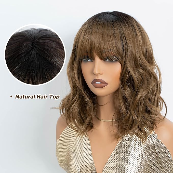 NOBLE Bob Wig with Bangs Short Wavy Wig for Women Ombre Light Brown Shoulder Length Wig Heat Resistant Synthetic Wigs for Daily Party Use 12 Inches