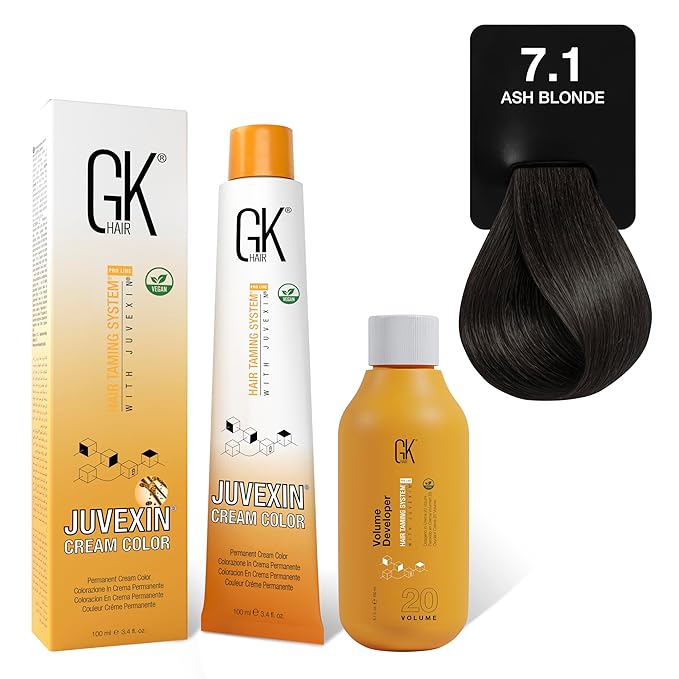 GK HAIR Global Keratin 7.1 Ash Blonde Hair Color Cream Tube (3.4 Fl Oz/100ml) + 20 Volume Developer (5 Fl Oz/150ml) - Professional Permanent Long Lasting Toner Dye