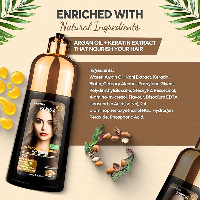 Hair Color Shampoo – 5 in 1 Hair Dye Shampoo for Grey Hair - Instant Hair Dye with 100% Color Accuracy Enriched with Natural Ingredients - Ammonia Free - 500ml (Light Brown)
