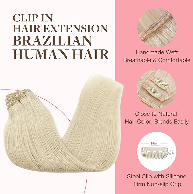 GOO GOO Clip in Hair Extensions Real Human Hair, Remy Human Hair Extensions Clip ins for Women, Natural Human Hair, 20inch 120g 7Pcs, 60A Platinum Blonde