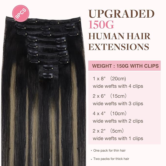 GOO GOO Clip in Hair Extensions Real Human Hair, Remy Human Hair Extensions Clip ins for Women, Natural Human Hair, 14inch 150g 9Pcs, 1B/16/1B Balayage Natural Black to Light Blonde