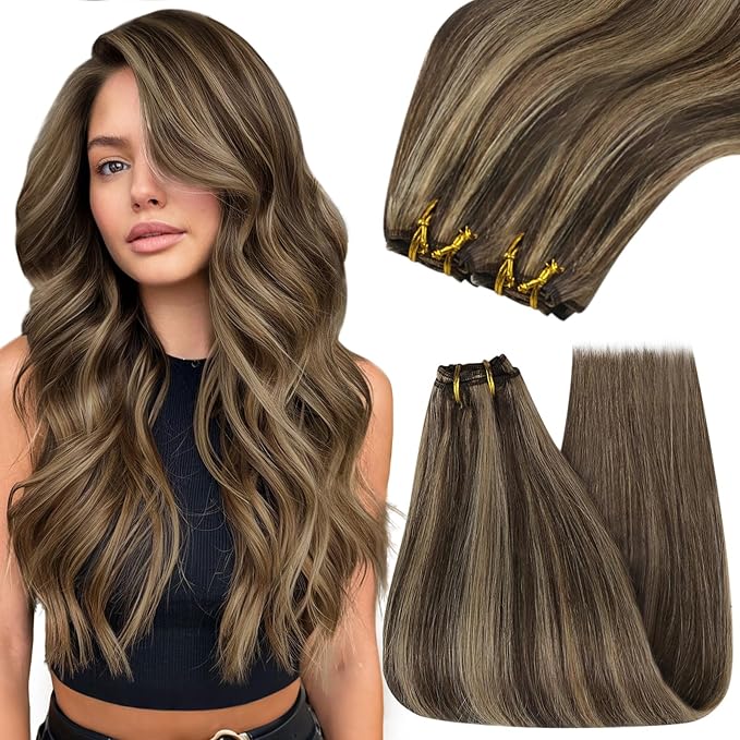 YoungSee 100G Weft Hair Extensions Dark Brown Highlight with Caramel Blonde Sew in Hair Extensions Real Human Hair Short Straight Hair Extension Weft for Women 14inch