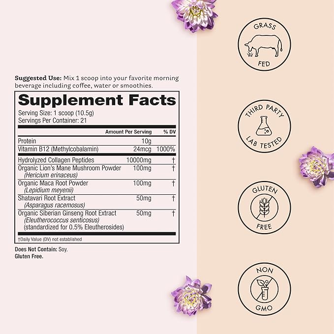Winged Wellness Glow Up AM, Collagen Powder for Women - Morning Beauty Supplement for Glowing Skin with Grass-Fed Hydrolyzed Collagen Peptides, Lion's Mane & Maca Root - 21 Servings, Unflavored