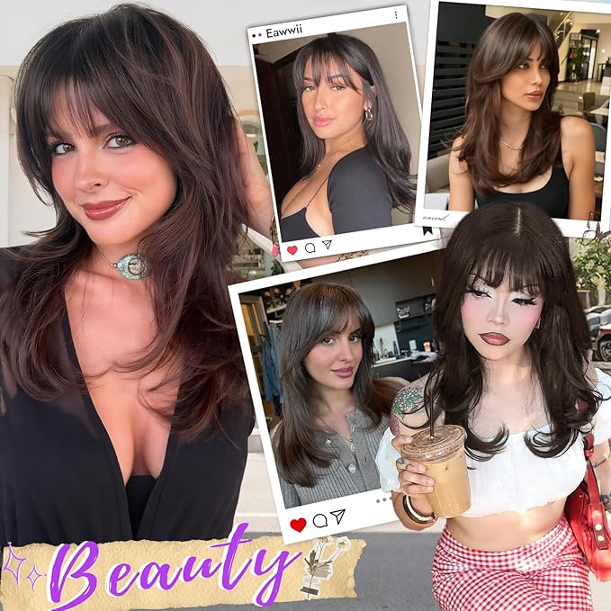 Wig with Bangs for Women Medium Brown Straight Face-Framing Layers Hairstyle 4x4 Realistic Scalp Glueless Synthetic Wigs Medium Length for Everyday Use