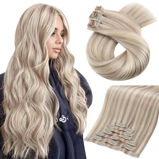 Moresoo Seamless Hair Extensions Clip ins Human Hair Blonde Highlight Remy Seamless Clip in Hair Extensions Real Human Hair Cool Ash Blonde with Bleach Blonde with A Hint of Pink 7pcs 120g 14inch