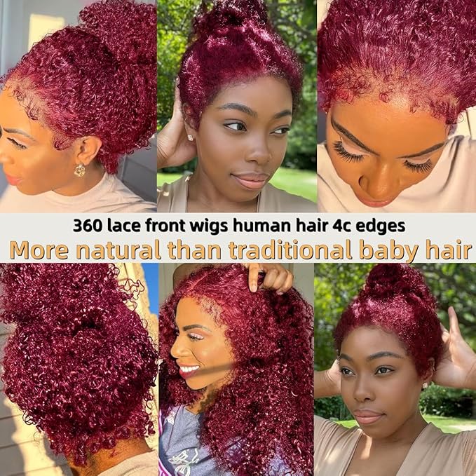 360 Deep Wave Lace Front Wigs Human Hair Burgundy Wig Human Hair Invisible Strap Pre Plucked Hidden Strap Pre Cut Lace Deep Wave HD Lace Frontal Wig with Drawstring 360 Glueless Wigs(24inch)