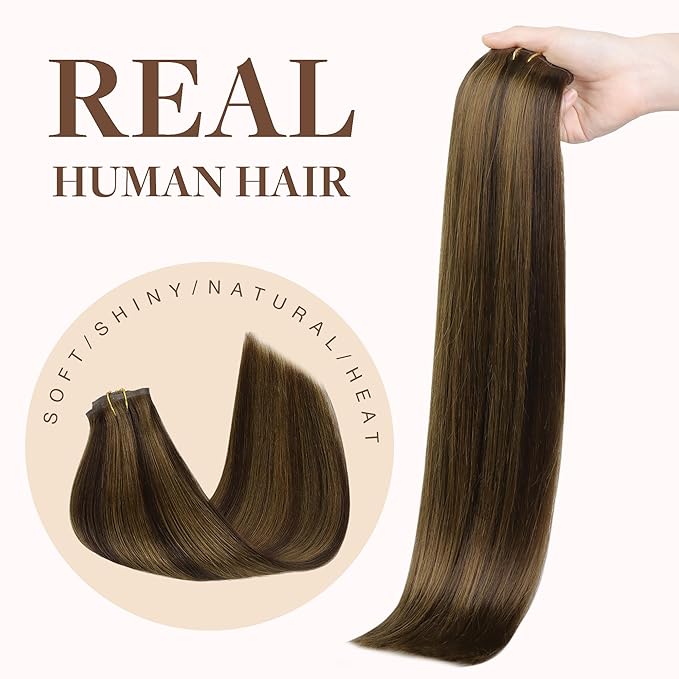 GOO GOO Clip in Hair Extensions Real Human Hair, Remy Human Hair Extensions Clip ins for Women, Natural Human Hair, 24inch 160g 7Pcs, 2C/4E/6C Brown Sugar Swirl Highlights