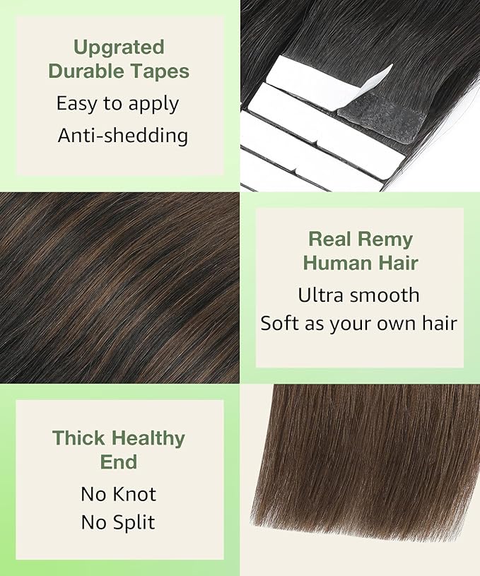 SURNEL Human Hair Tape in Extenions Ombre 1B Off Black Fading To 4 Chocolate Brown Tape in Hair Extensions 16 inch 20pcs 50g(#1BT4-16)