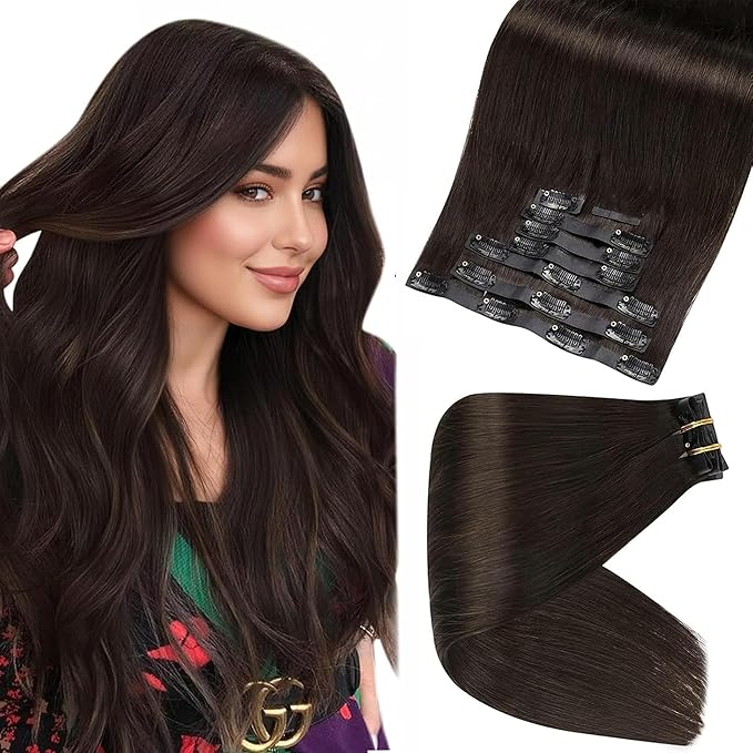 Full Shine Seamless Hair Extensions Clip in Dark Brown Clip in Hair Extensions Human Hair 18 Inch Invisible Clip ins PU Weft Remy Hair Add Volume 8 PCS 120 G
