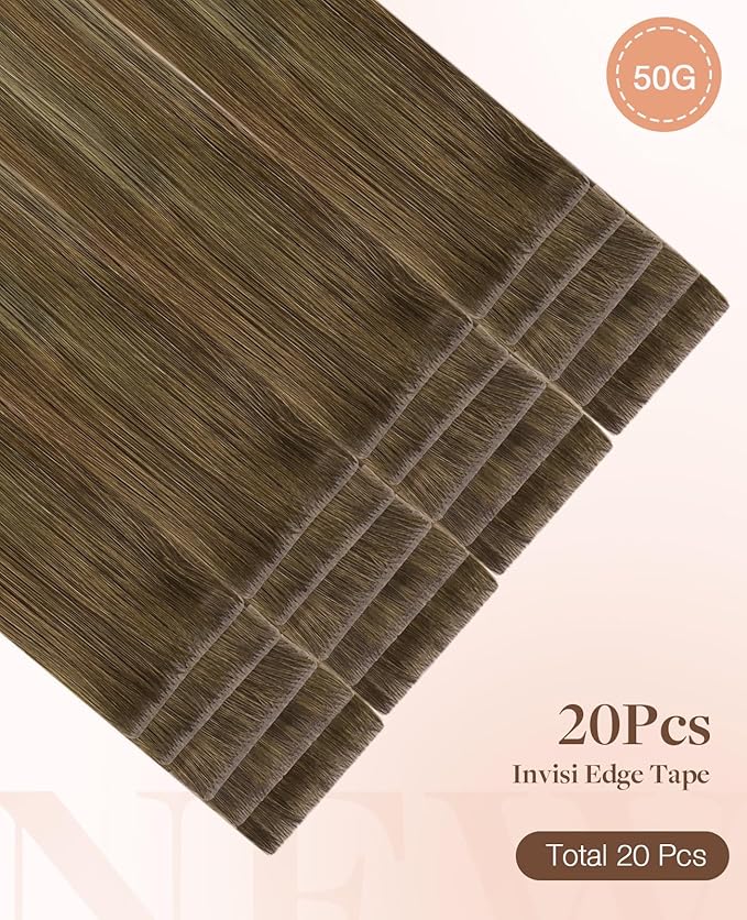 GOO GOO Invisi Edge Tape in Hair Extensions Human Hair, 3/8/613 Walnut Brown to Ash Brown and Bleach Blonde 20pcs 24inch 50g, Virgin Remy Hair, Seamless Injected Tape, Natural Look