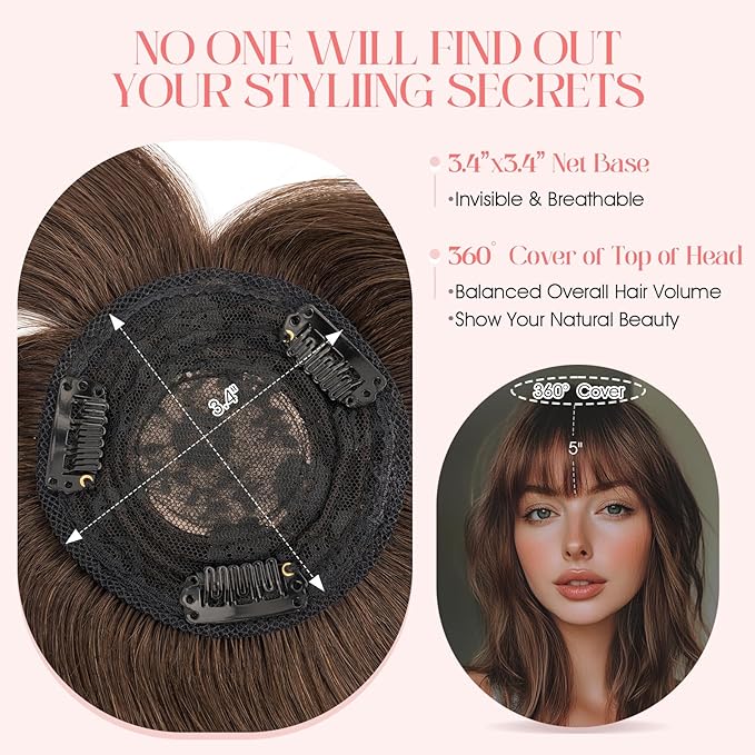 Hairro Mono Hair Toppers with Bangs, 3.4" x 3.4" Mono Base 100% Real Human Hairpieces for Women, 150% Density Clips In Topper for Greyish Thinning Hair, 18 Inch Dark Brown