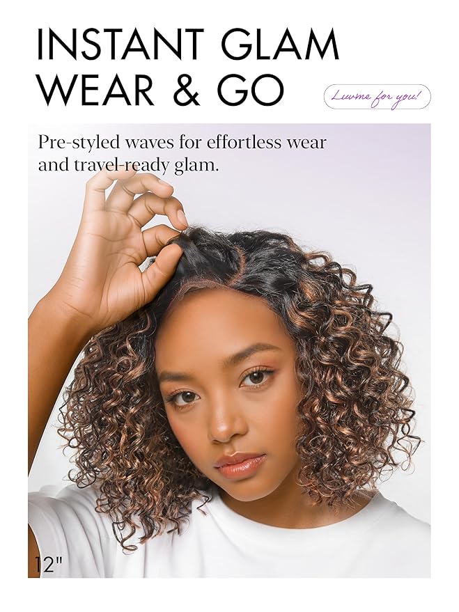 LUVME HAIR 100% Human Hair Wigs Curly Deep Wave Glueless Lace Front 16 Inches Pre Cut Plucked Hd Lace Short Wig Ready To Go Highlight Color Straight Bleached Knots Side Part Black Wigs
