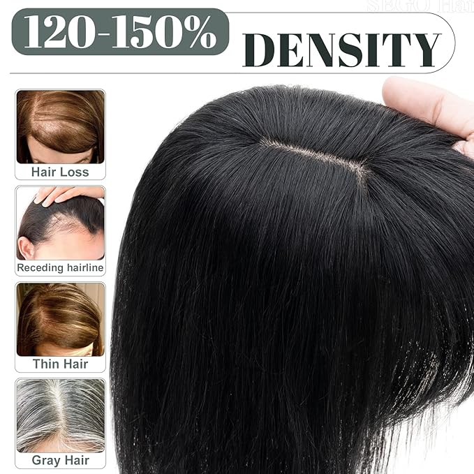 SEGO Hair Toppers for Women Real Human Hair with Thinning, with Front Bangs Clip in Toppers Straight 150% Density Silk Base -18 Inch #6 Light Brown