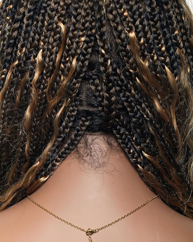 Human Hair Boho Curls Hand-Tied HD Full Lace Wig - 36" Salon-Level Small Box Synthetic Braids (100 Braids, High Density) Pre-Cut Swiss HD Lace, Pre-Plucked, Tangle-Free - 1B/27 Honey Blond