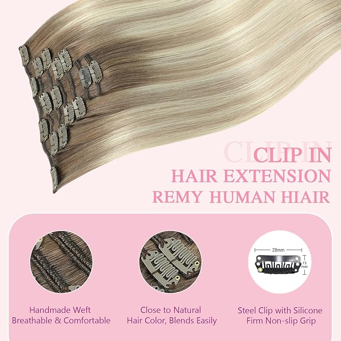 PINKPEARL Clip in Hair Extensions Real Human Hair, 18 Inch 120g 7pcs Human Hair Extensions Clip In, #8/60/18 Balayage Ash Brown to Platinum Blonde and Ash Blonde(#8/60/18-18)