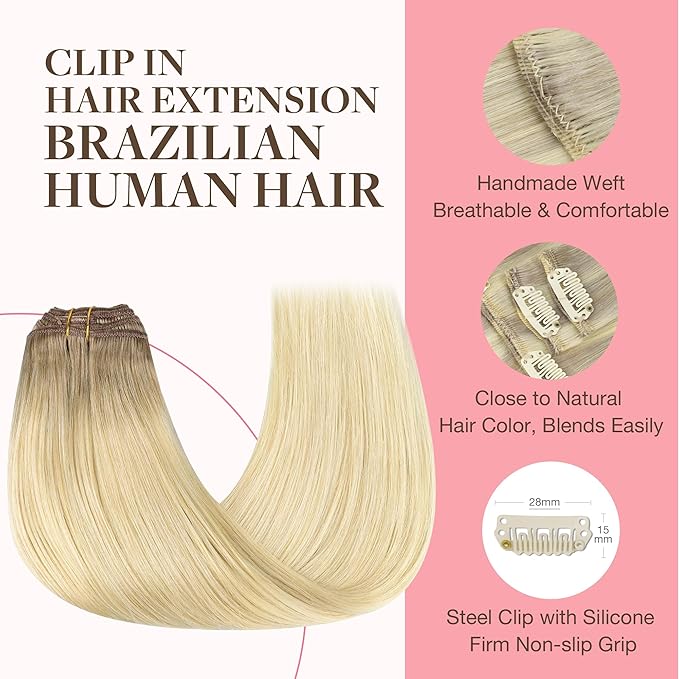 GOO GOO Clip in Hair Extensions Real Human Hair, Remy Human Hair Extensions Clip ins for Women, Natural Human Hair, 18inch 120g 7Pcs, #R7/60F