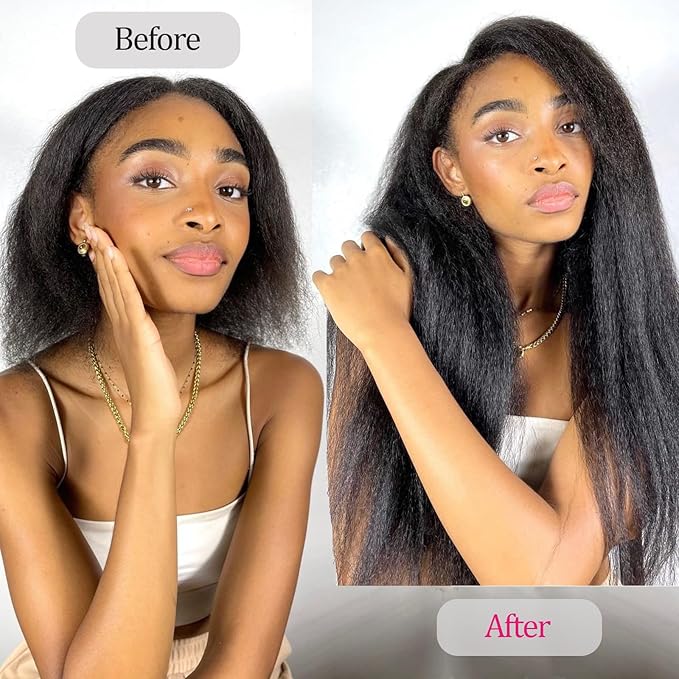 Kinky Straight Clip in Human Hair Extensions for Black Women 8Pcs 120g Seamless Kinky Straight Clip Ins 18Clips Double Weft Human Hair Full Head Hair Extensions (1B 22 Inch)