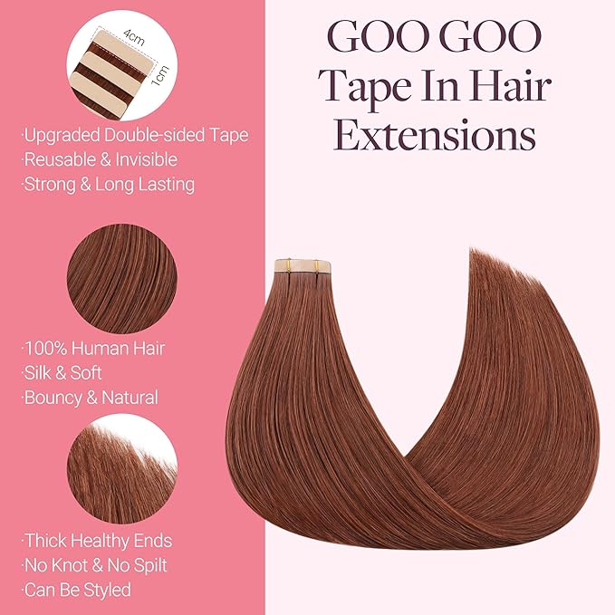 GOO GOO Tape in Hair Extensions Human Hair, #33B Dark Auburn Copper, 12inch 40g 20pcs, Skin Weft Seamless Invisible, Silky Straight with Thick Ends, Remy Human Hair