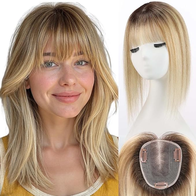 starluck Human Hair Toppers for Women with Thinning Hair, 14 Inch Real Hair Topper, 4.6x4 Inch SilkHug Swiss Lace Base Hairpiece, With Bangs (Ombre Blonde)