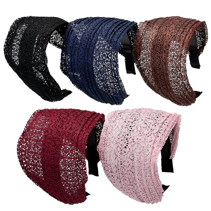 LONEEDY 5 Pack Wide Hard Headband with Teeth for Women, Girls’s Hair Band Pleated Cloth Fabric Hair Hoop Accessories (Mixed colors E)