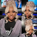 Hidden Strap Milk Tea Ash Blonde Wig Human Hair Body Wave 360 Lace Front Wig Human Hair Ombre Glueless Wigs Pre Bleached Bleached Knots 180% Density Drawstring HD Full Lace Wigs 28Inch