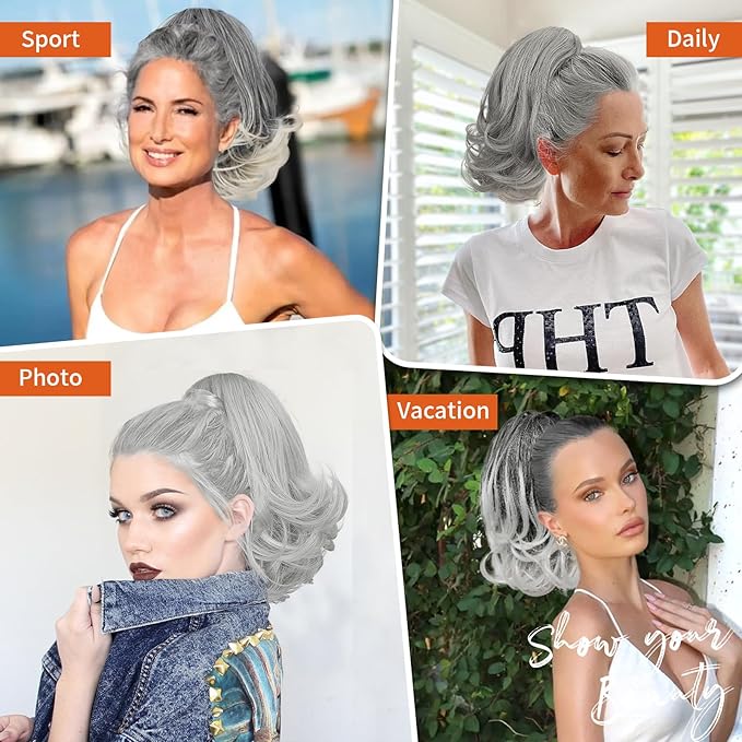 KooKaStyle Ponytail Extension, 10" Short Claw Clip in Pony Tails Hair Extensions Curly Wavy Synthetic Drawstring Hairpieces for Women(Smokey Silver)