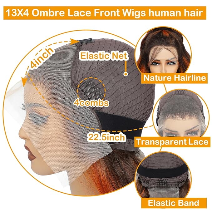 P4/350 Body Wave Lace Front Wigs Human Hair Brown Ginger Colored Wigs 13x4 HD Lace Frontal Highlight Ombre Wig Human Hair 180% Density P4/350 Colored Wigs Human Hair for Black Women 22Inch