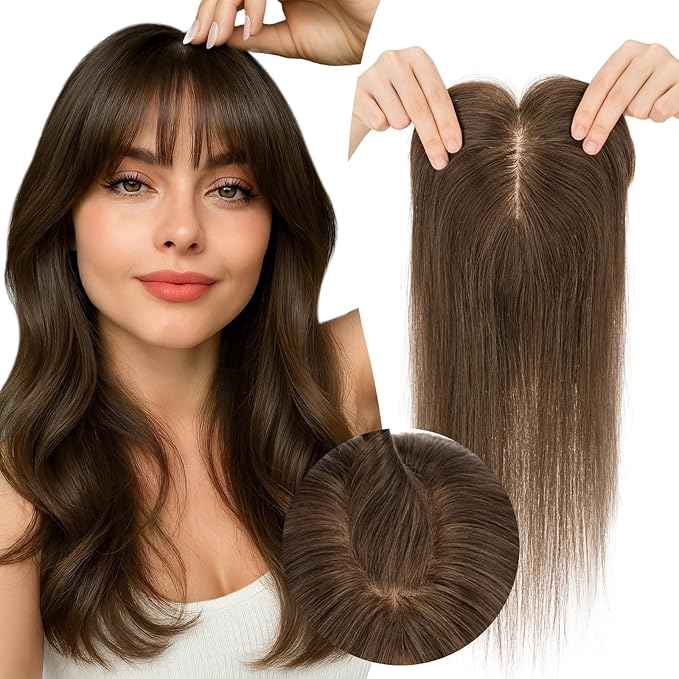 Real Human Hair Toppers for Women 3.54"*4.72" Silky Base 150% Density With Bangs Adjustable Parting Clip-In Topper Hairpieces for Women with Thinning Hair 12 Inches Natural Brown