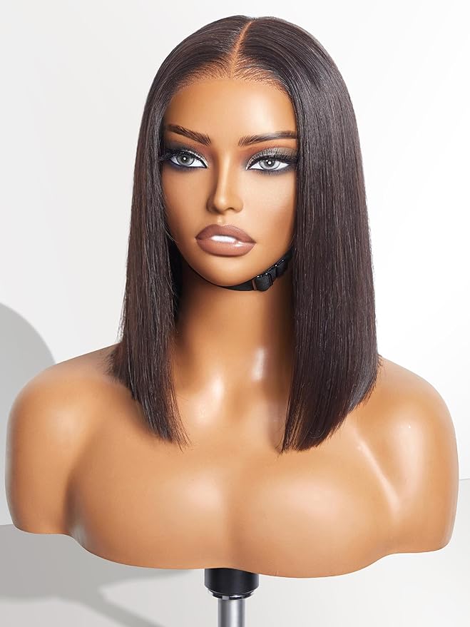 LUVME HAIR 12 Inch Glueless Bob Wigs Human Hair Pre Plucked, 5x5 HD Lace Closure Wigs Human Hair 180 Density, Ready to Go Blunt Cut Bob Wig with Bleached Knots & Pre Cut Lace