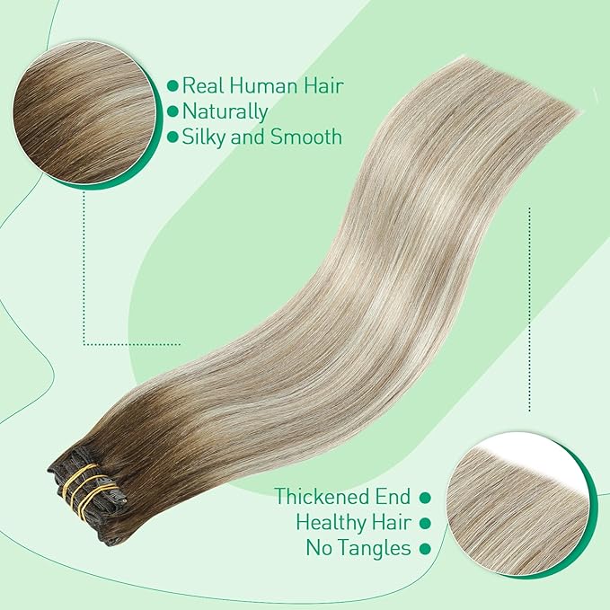 SURNEL Human Hair Clip in Extensions 18 Inch Balayage Walnut Brown to Ash Brown and Golden Blonde 7pcs 160g (7C#3/8/22-18'')