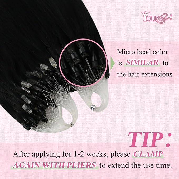 YoungSee Micro Loop Hair Extensions Real Human Hair Black Microloop Hair Extensions Human Hair Jet Black Beaded Hair Extension 20 Inch 50s 50g Micro Ring Hair Extension Long Straight Hair