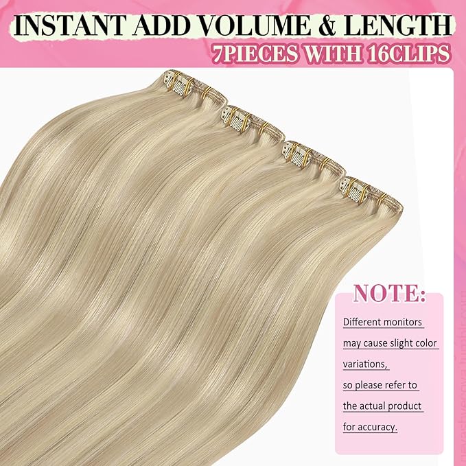 YoungSee Blonde Hair Extensions Clip ins Ash Blonde Human Hair Clip in Extensions Highlights Bleach Blond Clip in Hair Extensions Real Human Hair for Full Head 20 inch 100G 7Pcs