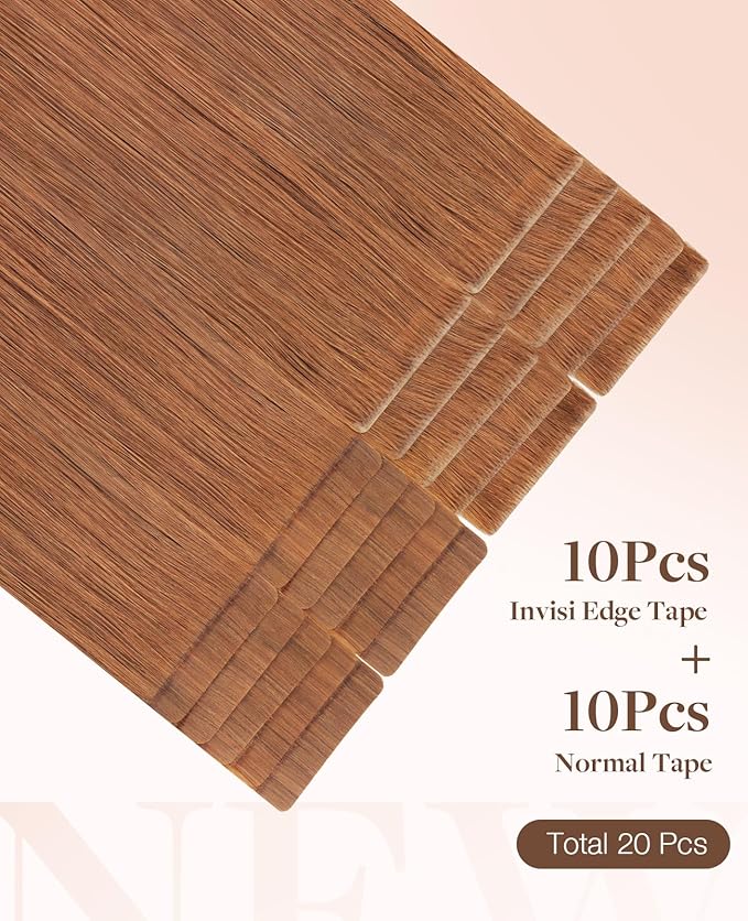 GOO GOO Invisi Edge Tape in Hair Extensions Human Hair, 330 Cinnamon Terra Copper 10pcs injected with 10pcs classical tape ins, 24inch 50g, Virgin Remy Hair, Natural Look