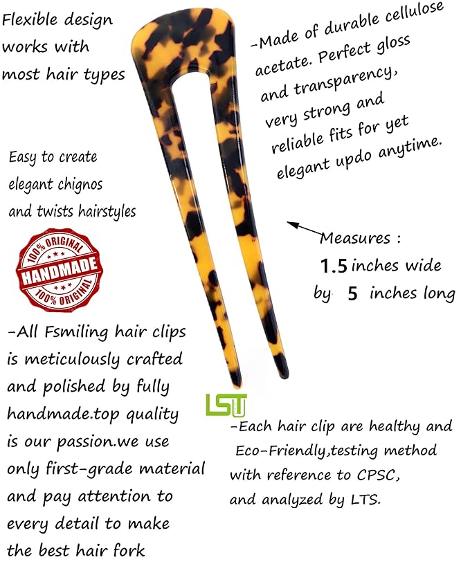 French Hair Pins Tortoise Shell French Hair Forks U Shaped French Pins 2 Prong Hair Sticks Acetate Chignon Pin for Women Hairstyle Accessories 2 Pack