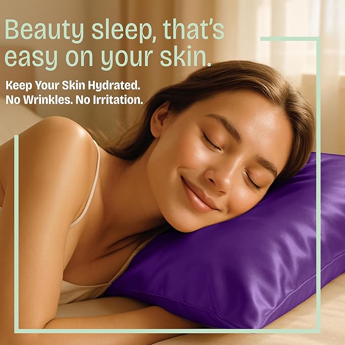 BLISSFORD Purple Satin Pillowcase with Zipper, for Hair and Skin Care, Feels Soft and Cool Like a Silk Pillowcase, Satin Pillow Cases 2 Pack, Slik Pillow Cover, Grape/Purple, Standard - Set of 2