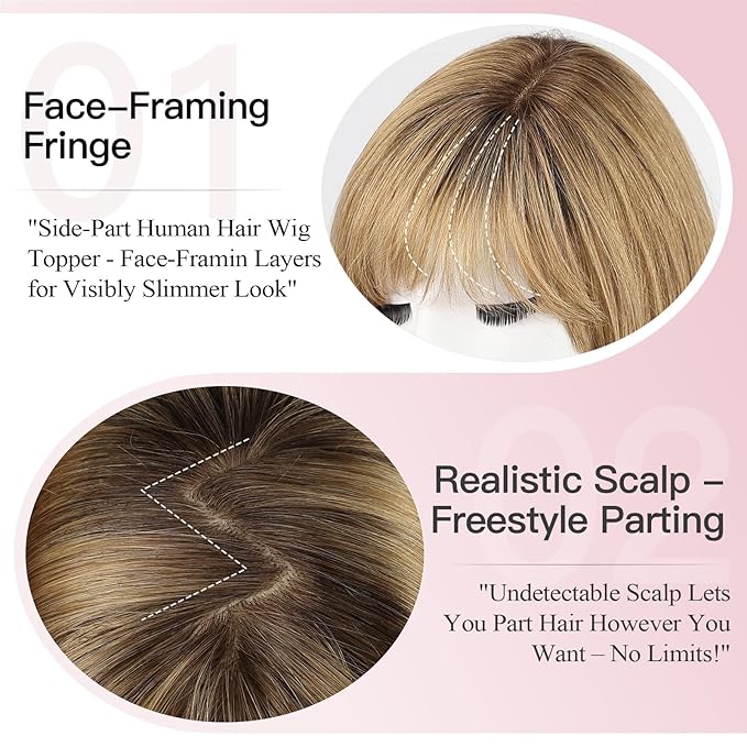 EMMOR 12 Inch Human Hair Topper for Women - Real Hair Topper with Bangs & 6.5" × 6.5" Larger Base, Natural Thin Hair Solution for Women(Ombre Light Brown)