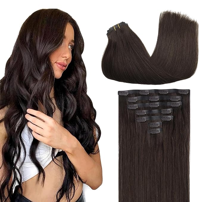 GOO GOO Clip in Hair Extensions Real Human Hair, Remy Human Hair Extensions Clip ins for Women, Natural Human Hair, 18inch 110g 7Pcs, 2A Light Brown