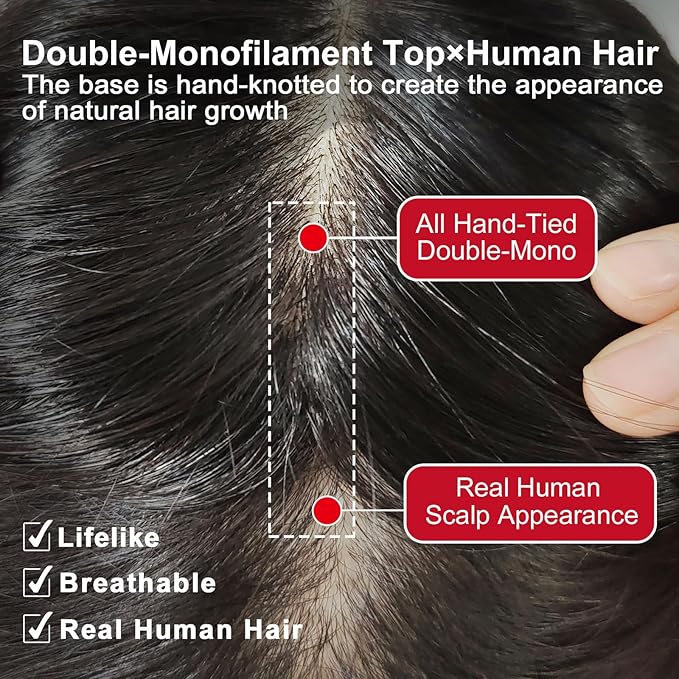 Real Human Hair Topper Pieces Double-Monofilament Top Hand-Tied Mid Length for Women Thinning BHADS914 (3 Natural Brown × Hair Length:9.8"(25cm), Base Size:3.5"×5.5"(9cm×14cm))