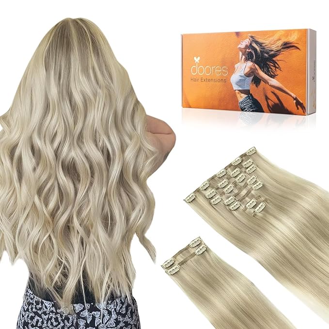 DOORES Clip in Hair Extensions Real Human Hair, Ash Blonde Highlighted Platinum Blonde 150g 9pcs 18 Inch, Hair Extensions Real Human Hair Clip ins Extensions Human Hair Natural Straight Thick