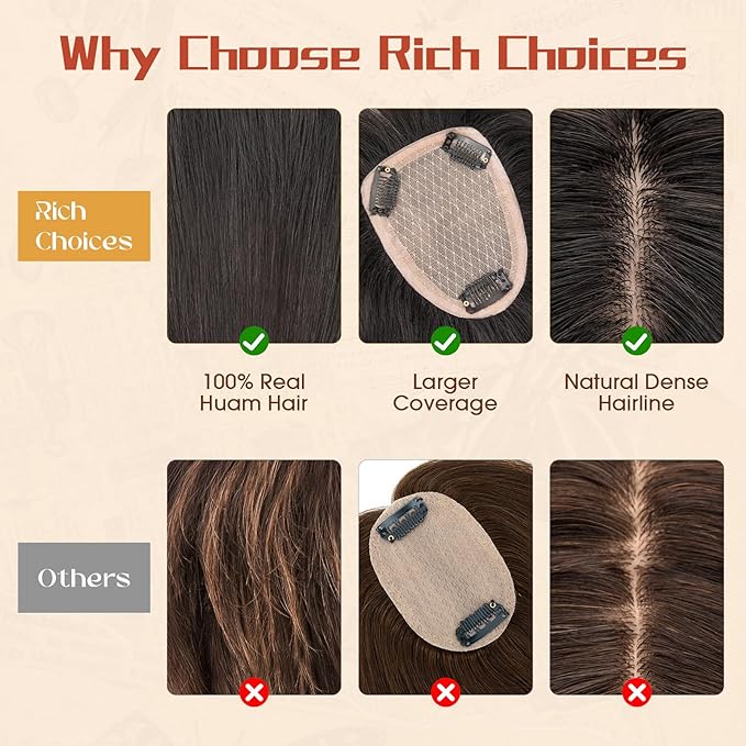 Rich Choices Human Hair Toppers for Women-100% Real Remy Hair Topper with 3D 360°Bang-Upgraded 150% Density 9 * 12CM Lace Base-Clip in Hairs topper for Thinning Hairs-10Inch #1B Natual Black