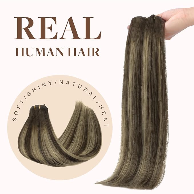 GOO GOO Clip in Hair Extensions Real Human Hair, Remy Human Hair Extensions Clip ins for Women, Natural Human Hair, 14inch 130g 9Pcs, 4/26/4 Balayage Chocolate Brown to Honey Blonde