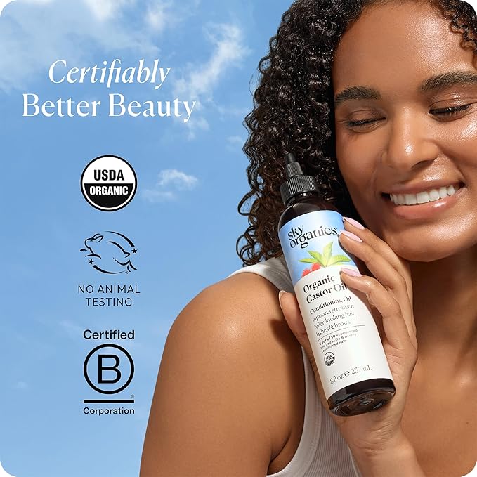 Sky Organics Castor Oil - USDA Certified Organic Hair Oil for Hair Growth, Skin, Face, Eyelashes - Cold Pressed & Hexane Free - Pure Organic Castor Oil Pack Wrap - Carrier & Hair Treatment Oil