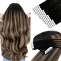 YoungSee Tape in Hair Extensions Real Human Hair Balayage Tape in Hair Extensions Black Ombre Brown with Blonde Tape in Extension Remy Hair Short 12In 20pcs 30g for Adding Volume