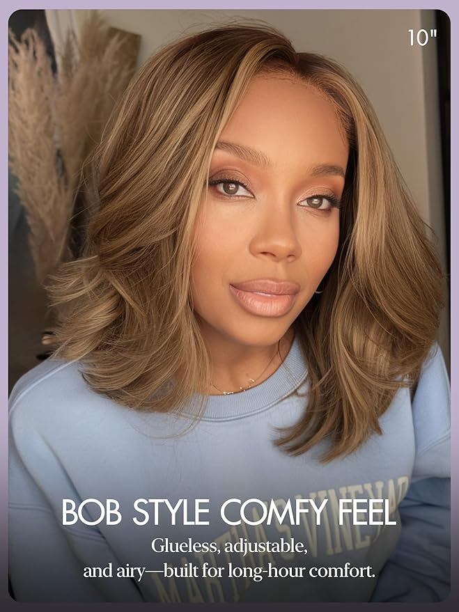 LUVME HAIR 5X5 Layer Cut Bob Wig 100% Human Hair 10 Inches Highlight Mix Brown Glueless Wigs Human Hair Pre Plucked Pre Cut Ready to Go Wig 200 Density