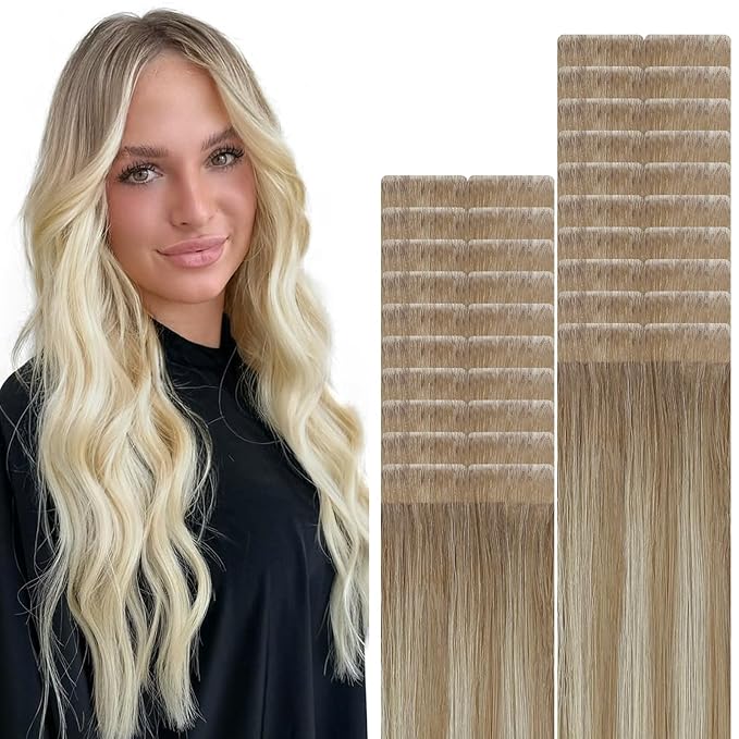 VINBAO 55g Invisible Tape in Extensions Human Hair Balayage Ombre Brown to Blonde Seamless Injected Pro Quality Injection Extensions Human Hair Tape Ins 20pcs 20inch #8T60